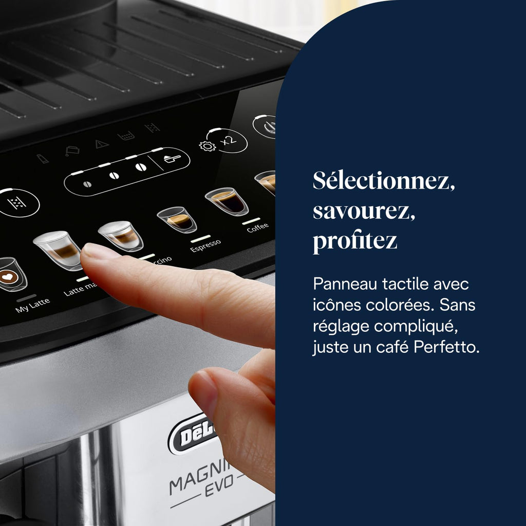 Macchivo - Magnifica Evo - Perfetto, vollautomatischi Kaffeemaschine mit LatteCrema automatischem Milchschäumer, Silber u Schwarz