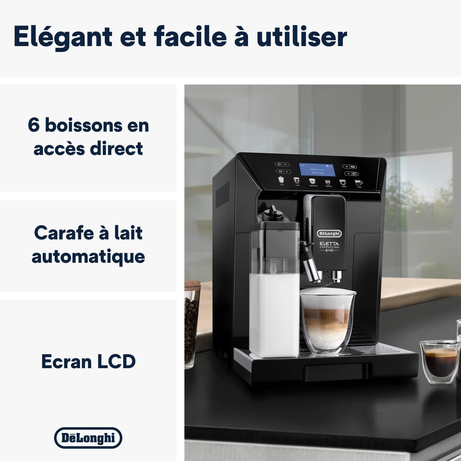 Macchivo - Eletta Evo, Kaffeevollautomat für Bohnene (Espresso- und Cappuccino-Maschine), Touch-LCD-Bildschirm, Schwarz