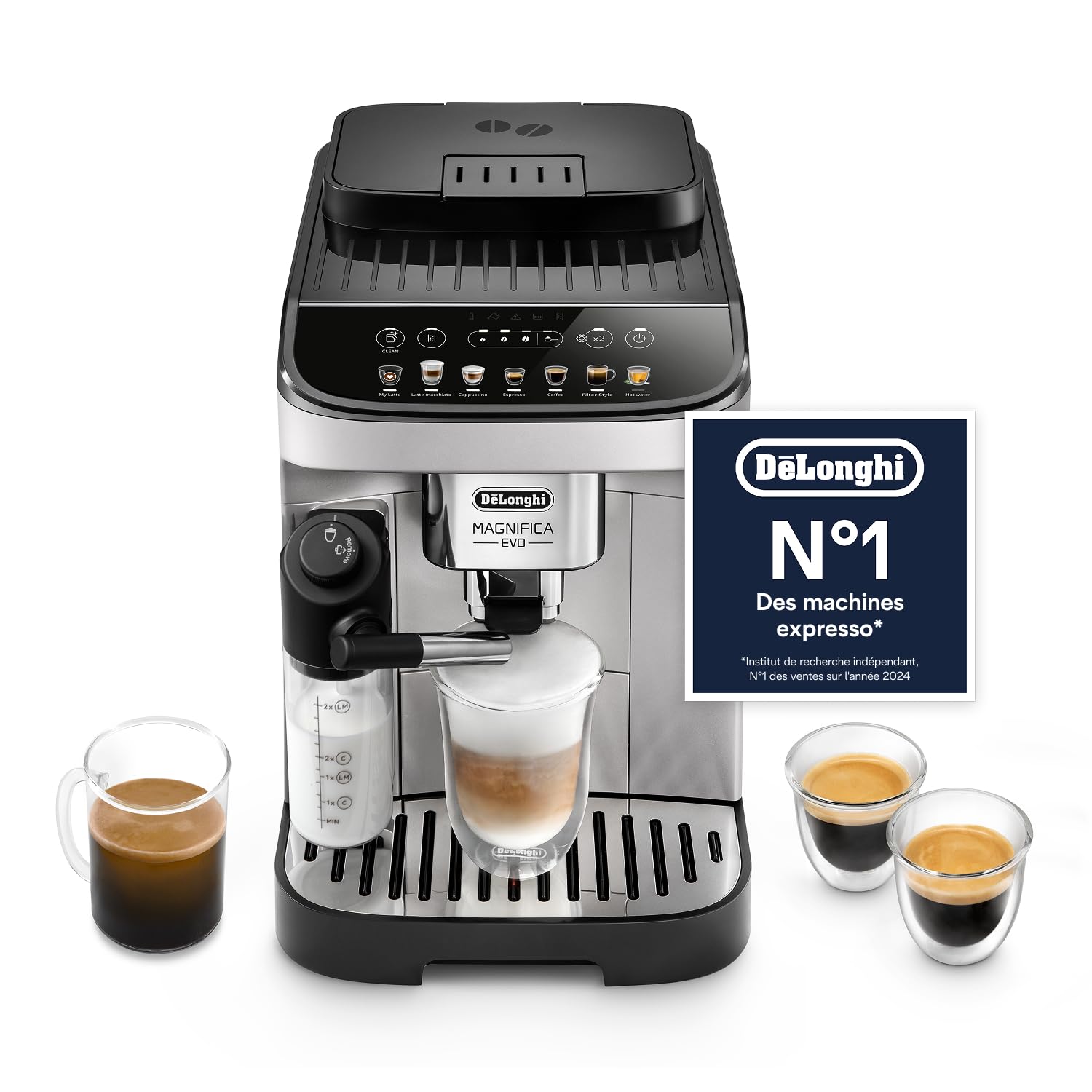 Macchivo - Magnifica Evo - Perfetto, vollautomatischi Kaffeemaschine mit LatteCrema automatischem Milchschäumer, Silber u Schwarz