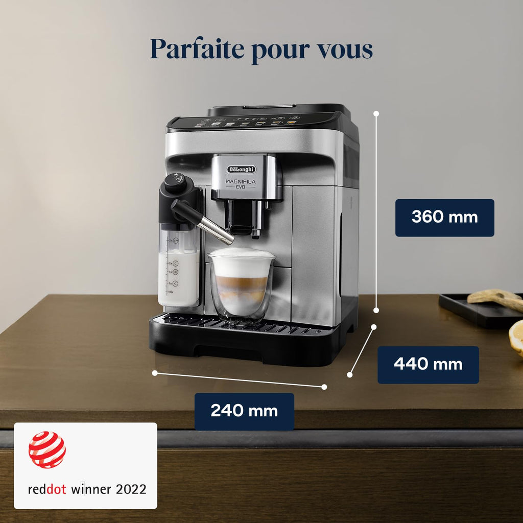 Macchivo - Magnifica Evo - Perfetto, vollautomatischi Kaffeemaschine mit LatteCrema automatischem Milchschäumer, Silber u Schwarz