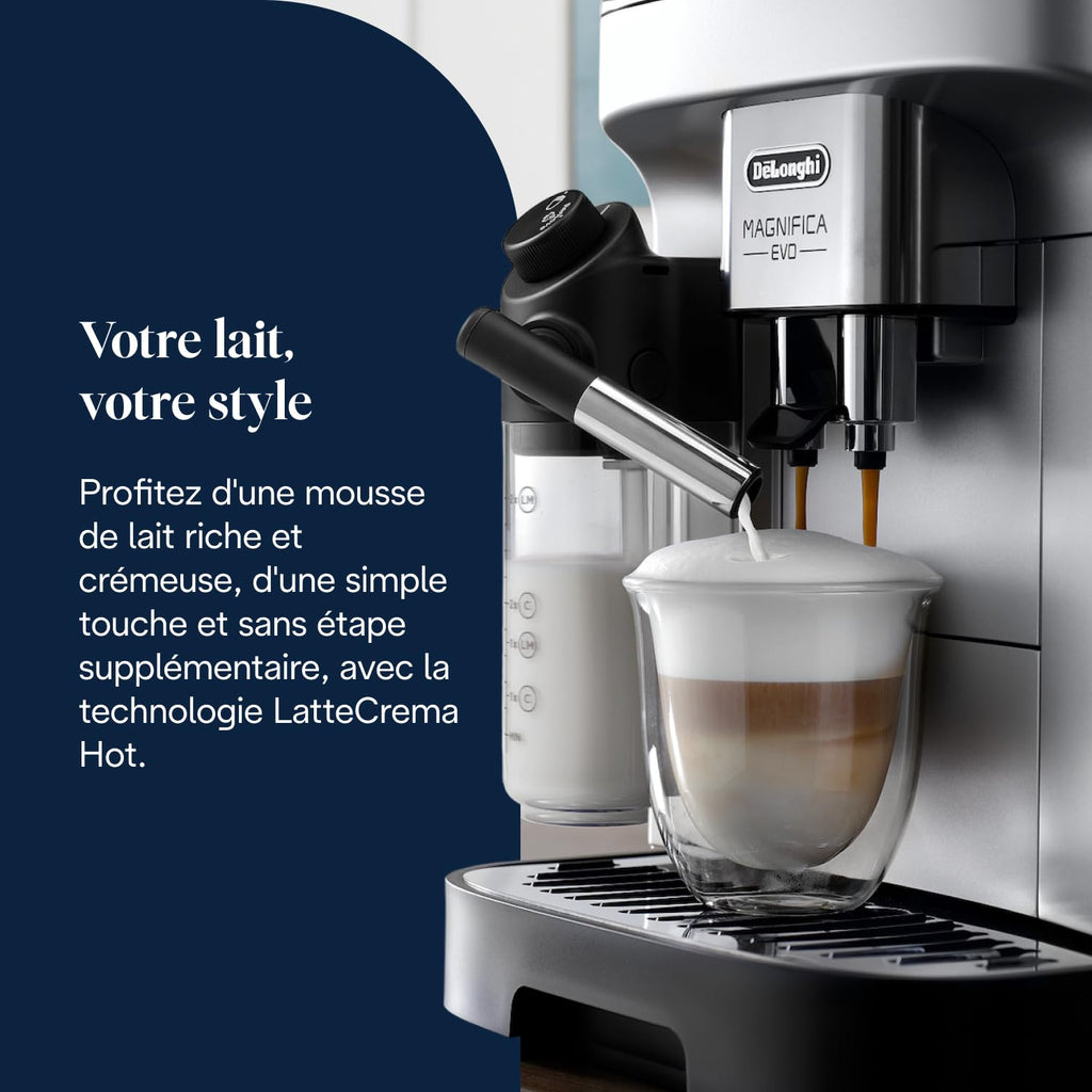 Macchivo - Magnifica Evo - Perfetto, vollautomatischi Kaffeemaschine mit LatteCrema automatischem Milchschäumer, Silber u Schwarz